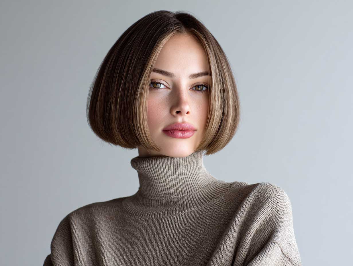 fashion model, ash brown chin-length blunt bob, straight sleek hair, sharp jawline emphasis, clean background, soft lighting, studio portrait, full body, minimalist fashion