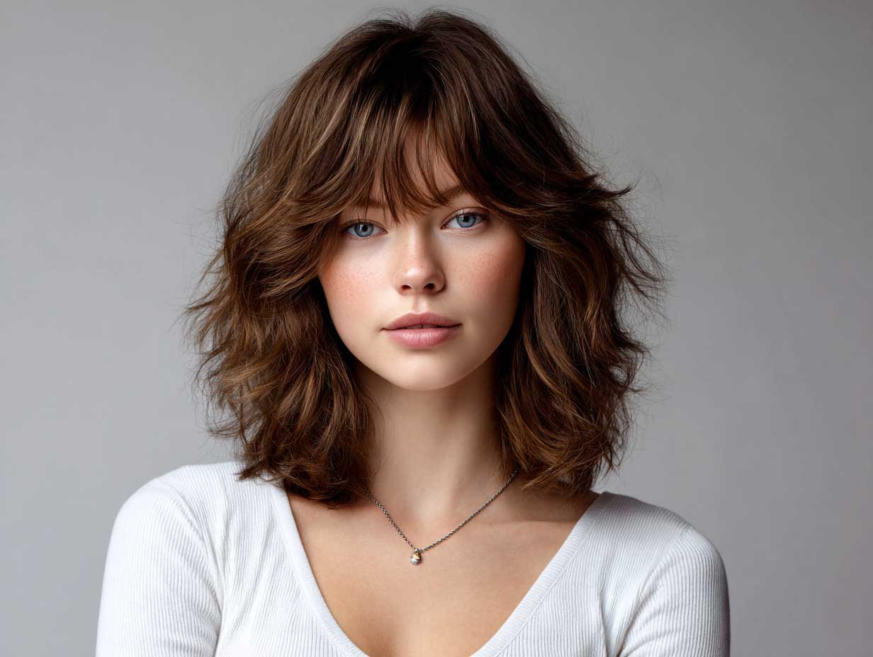 beauty model, chestnut brown soft shag haircut, layered shoulder length, subtle face-framing highlights, natural makeup, classic styling, white backdrop, full-length capture