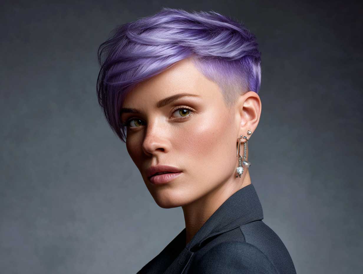 futuristic face, woman with lavender asymmetrical pixie haircut, side-swept bangs, sharp side part, textured ends, high-contrast studio lighting, minimalist background, full-length standing view