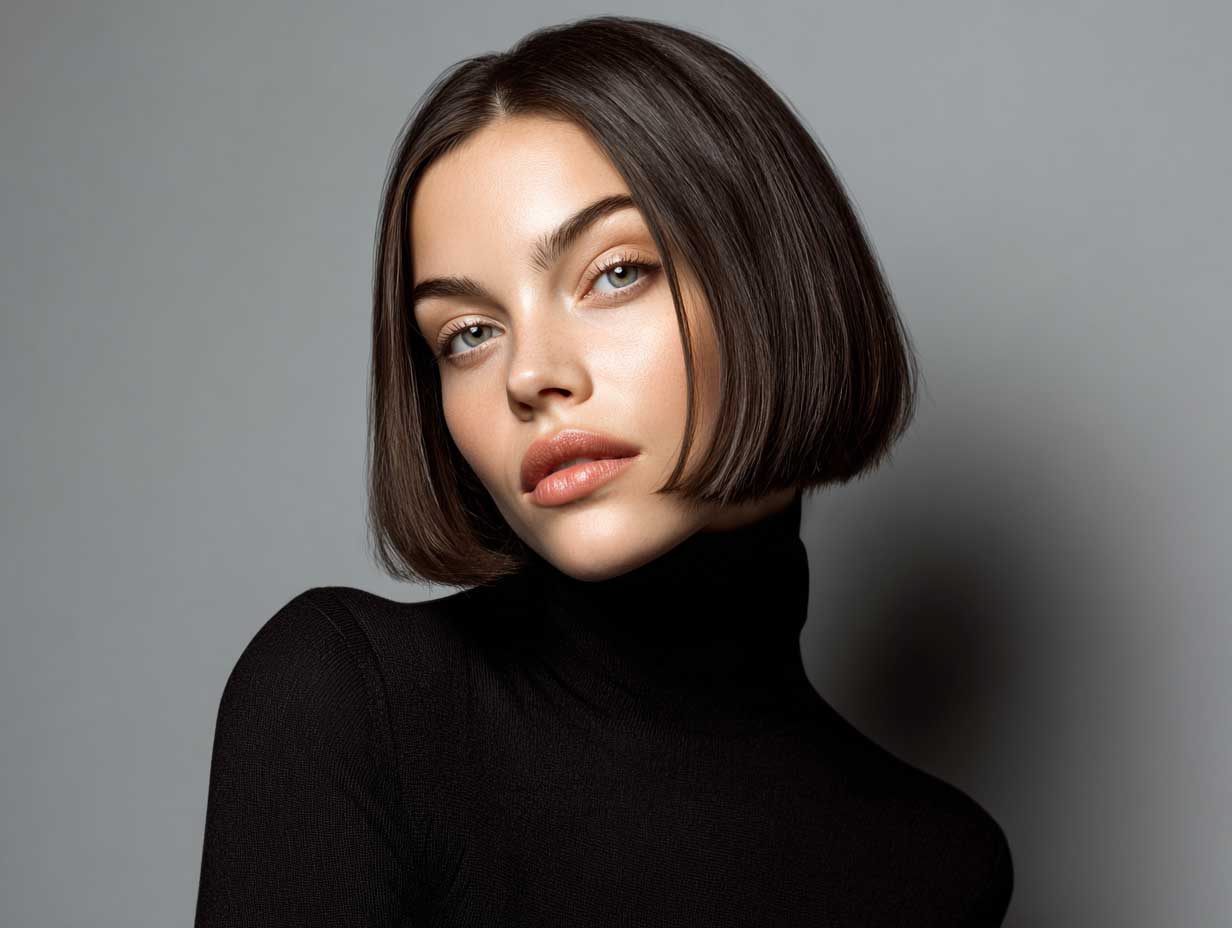 fashion model, ash brown chin-length blunt bob, straight sleek hair, sharp jawline emphasis, clean background, soft lighting, studio portrait, full body, minimalist fashion