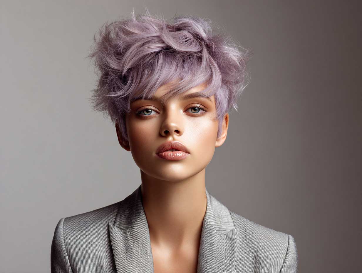 model with violet layered tapered pixie cut, tousled hair texture, artistic lighting, soft shadows, neutral backdrop, contemporary clothing, full-length standing view