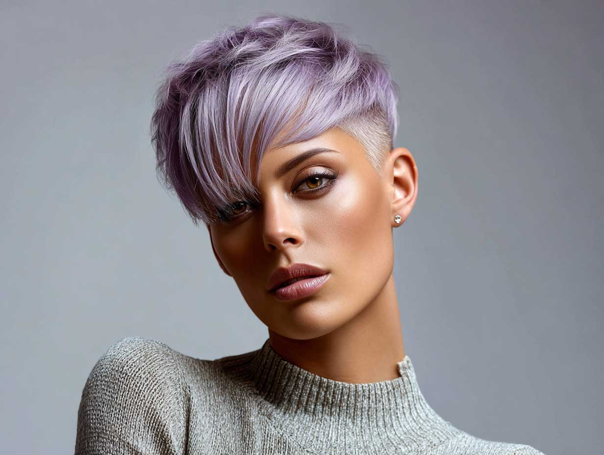 futuristic face, woman with lavender asymmetrical pixie haircut, side-swept bangs, sharp side part, textured ends, high-contrast studio lighting, minimalist background, full-length standing view