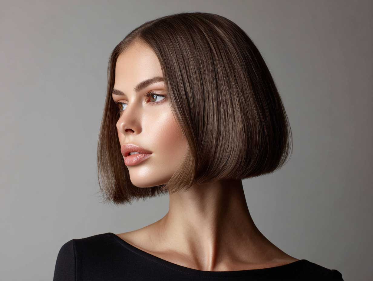 fashion model, ash brown chin-length blunt bob, straight sleek hair, sharp jawline emphasis, clean background, soft lighting, studio portrait, full body, minimalist fashion