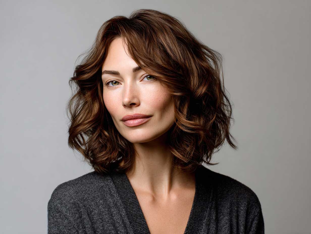 beauty model, chestnut brown soft shag haircut, layered shoulder length, subtle face-framing highlights, natural makeup, classic styling, white backdrop, full-length capture
