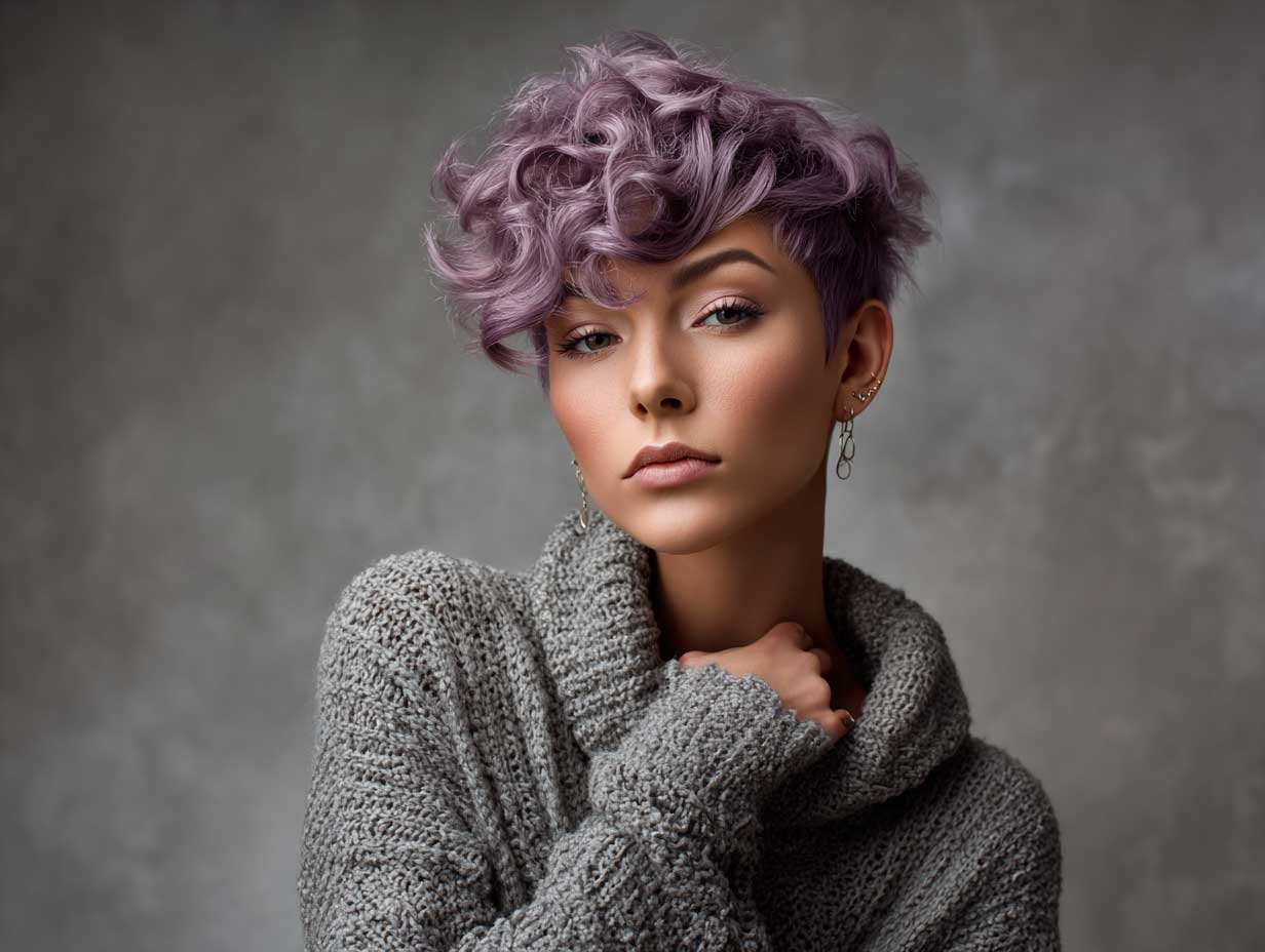 model with violet layered tapered pixie cut, tousled hair texture, artistic lighting, soft shadows, neutral backdrop, contemporary clothing, full-length standing view