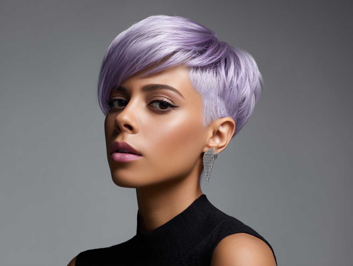 futuristic face, woman with lavender asymmetrical pixie haircut, side-swept bangs, sharp side part, textured ends, high-contrast studio lighting, minimalist background, full-length standing view