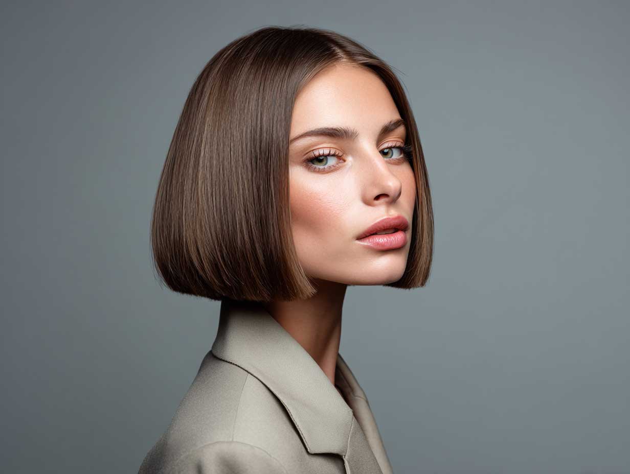 fashion model, ash brown chin-length blunt bob, straight sleek hair, sharp jawline emphasis, clean background, soft lighting, studio portrait, full body, minimalist fashion
