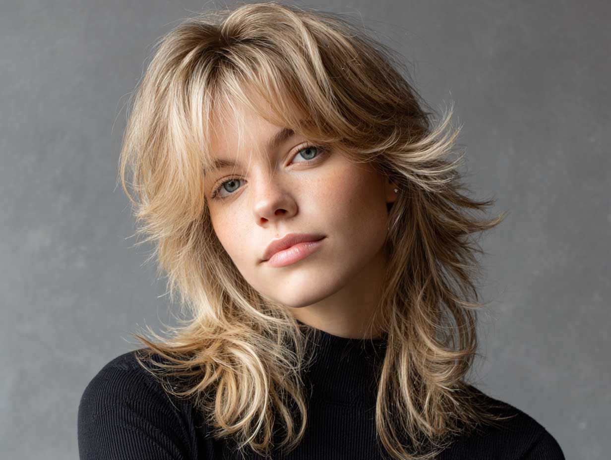 runway model, sandy blonde shag haircut, soft feathered layers, wispy curtain bangs, medium length, tousled texture, casual outfit, full-length portrait