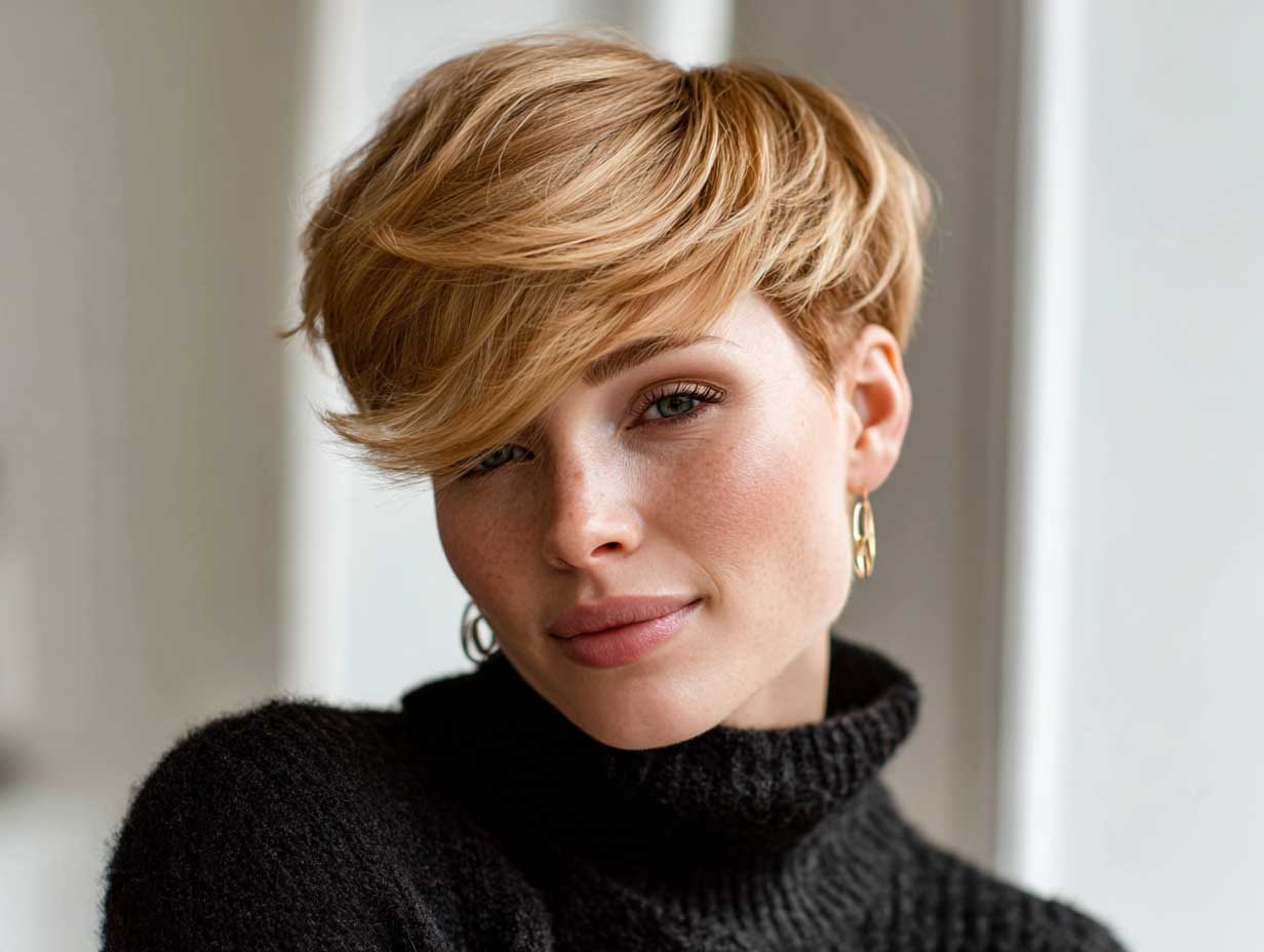 woman with golden blonde tapered pixie cut, gentle side volume, soft natural waves, minimal makeup, bright interior background, stylish outfit, full-body image
