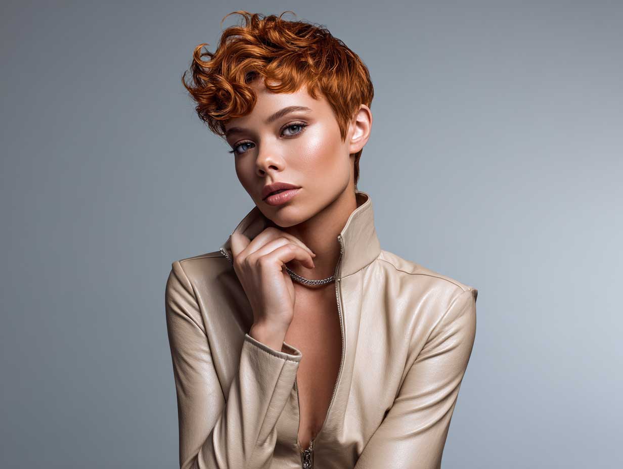 futuristic face, woman with rose copper asymmetrical pixie haircut, elevated crown, light curls, soft side fringe, smooth neutral backdrop, full-body stance