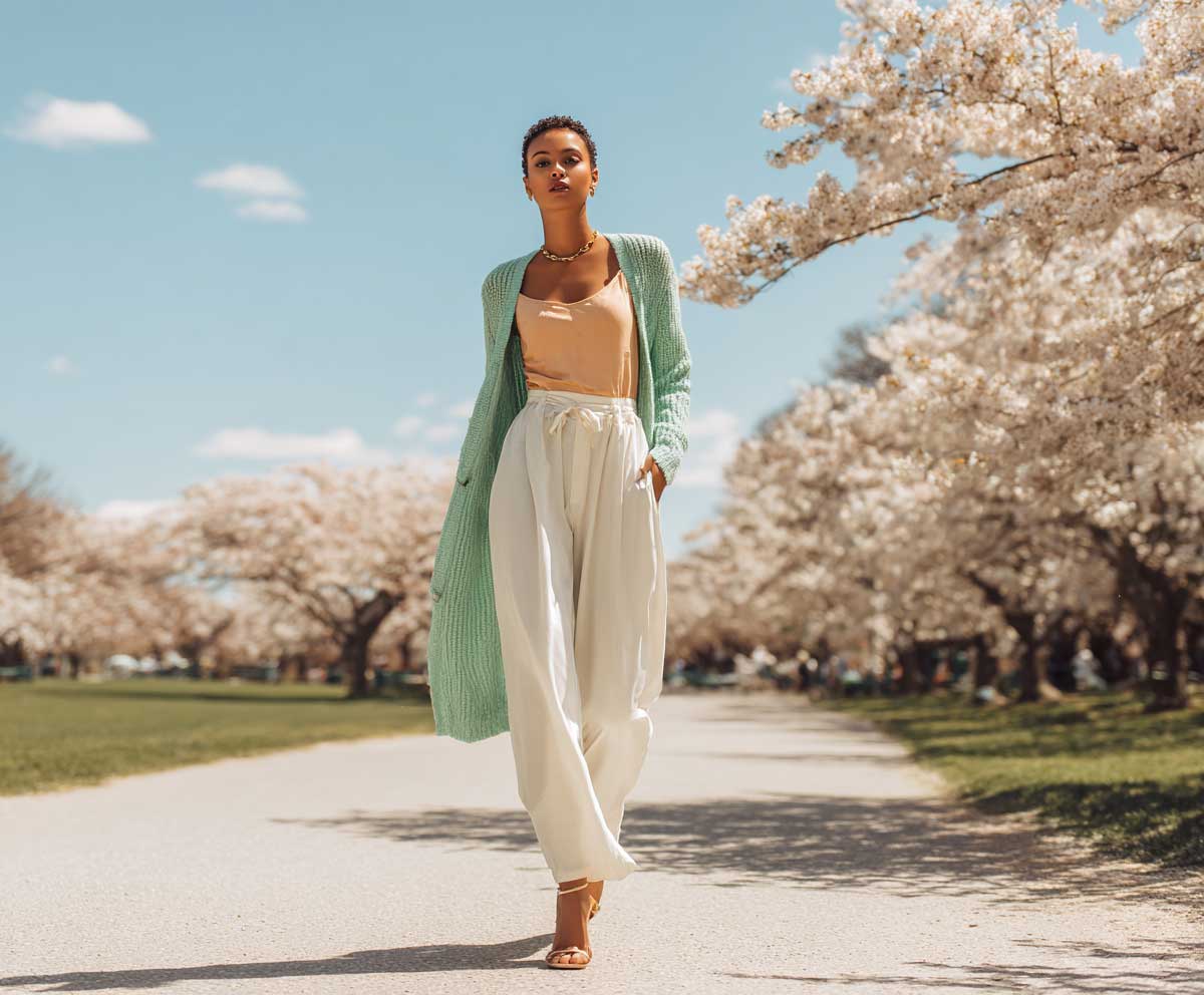 Fashion-forward woman wearing mint green cardigan over peach camisole with flowing white linen pants, full-body, sunny park setting with cherry blossoms, elegant spring fashion, editorial quality
