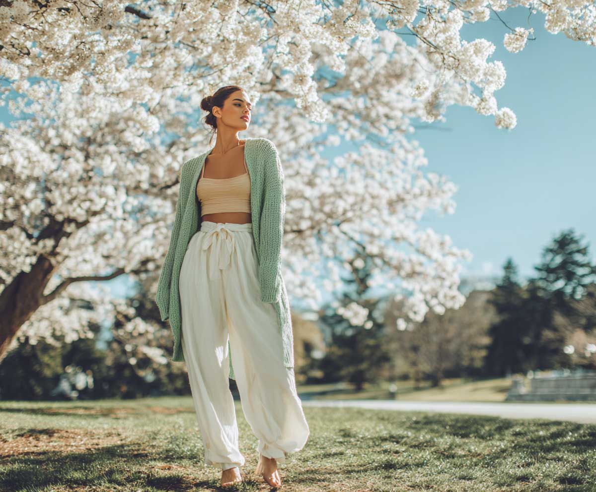 Fashion-forward woman wearing mint green cardigan over peach camisole with flowing white linen pants, full-body, sunny park setting with cherry blossoms, elegant spring fashion, editorial quality