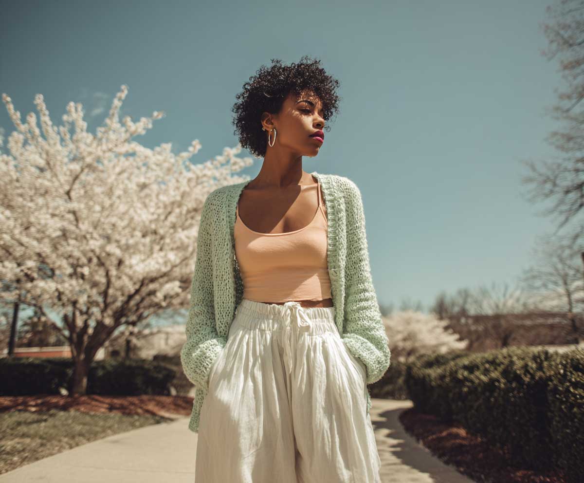 Fashion-forward woman wearing mint green cardigan over peach camisole with flowing white linen pants, full-body, sunny park setting with cherry blossoms, elegant spring fashion, editorial quality