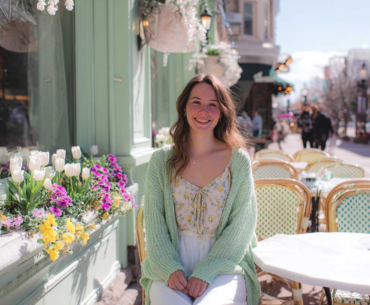 Full-body photo of smiling woman in pastel floral top, mint green cardigan, and white linen pants, seated at a sidewalk café surrounded by spring flowers, fresh daylight, lifestyle editorial