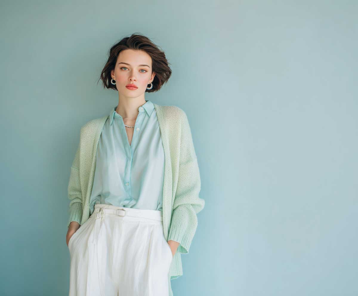 Studio fashion photo of model in mint green cardigan, sky blue blouse, and white linen trousers, minimalist pastel background, relaxed pose, spring vibes