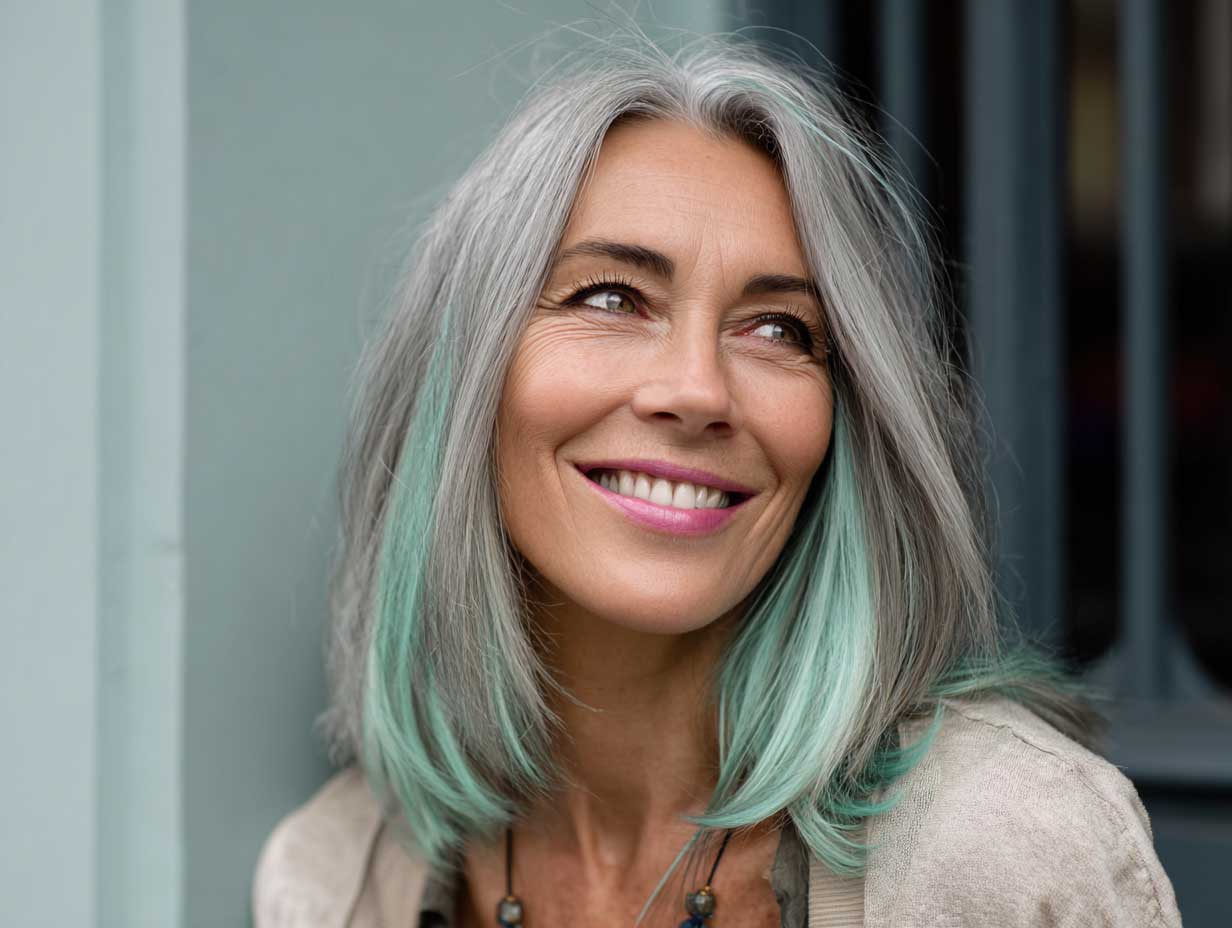 portrait of a woman with v shape hair cut and straight silver grey hair, pastel mint green highlighted tips, outdoor setting, bright diffused light, youthful and playful mood, minimal accessories, casual modern look