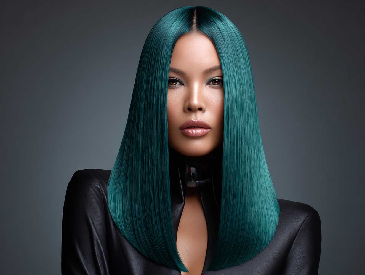 portrait photo of a woman with a long straight v shape hair cut, midnight green hair, ultra sleek finish, glossy texture, minimalistic clothing, studio lighting, natural expression, fashion-forward styling