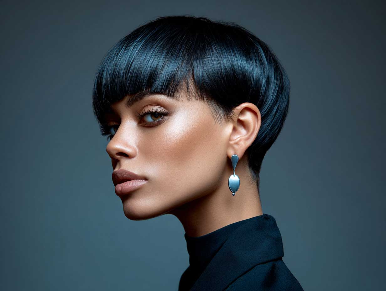 angled view of a woman with midnight blue structured short haircut, clean straight-edged cut, contemporary wardrobe, moody grey background