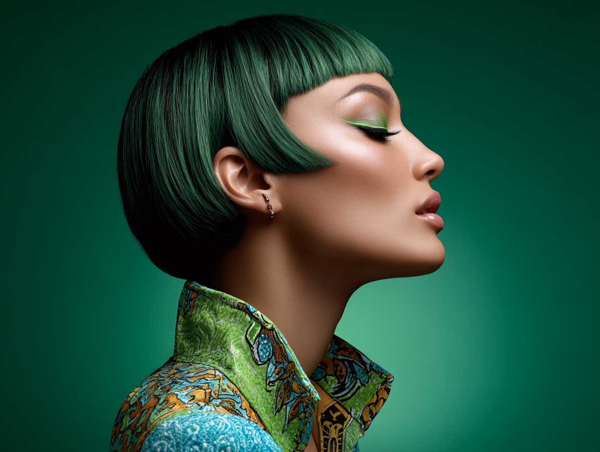 side profile of a woman with emerald green very short hair, razor-sharp straight bangs, futuristic makeup, fashion-forward outfit, neon lighting background