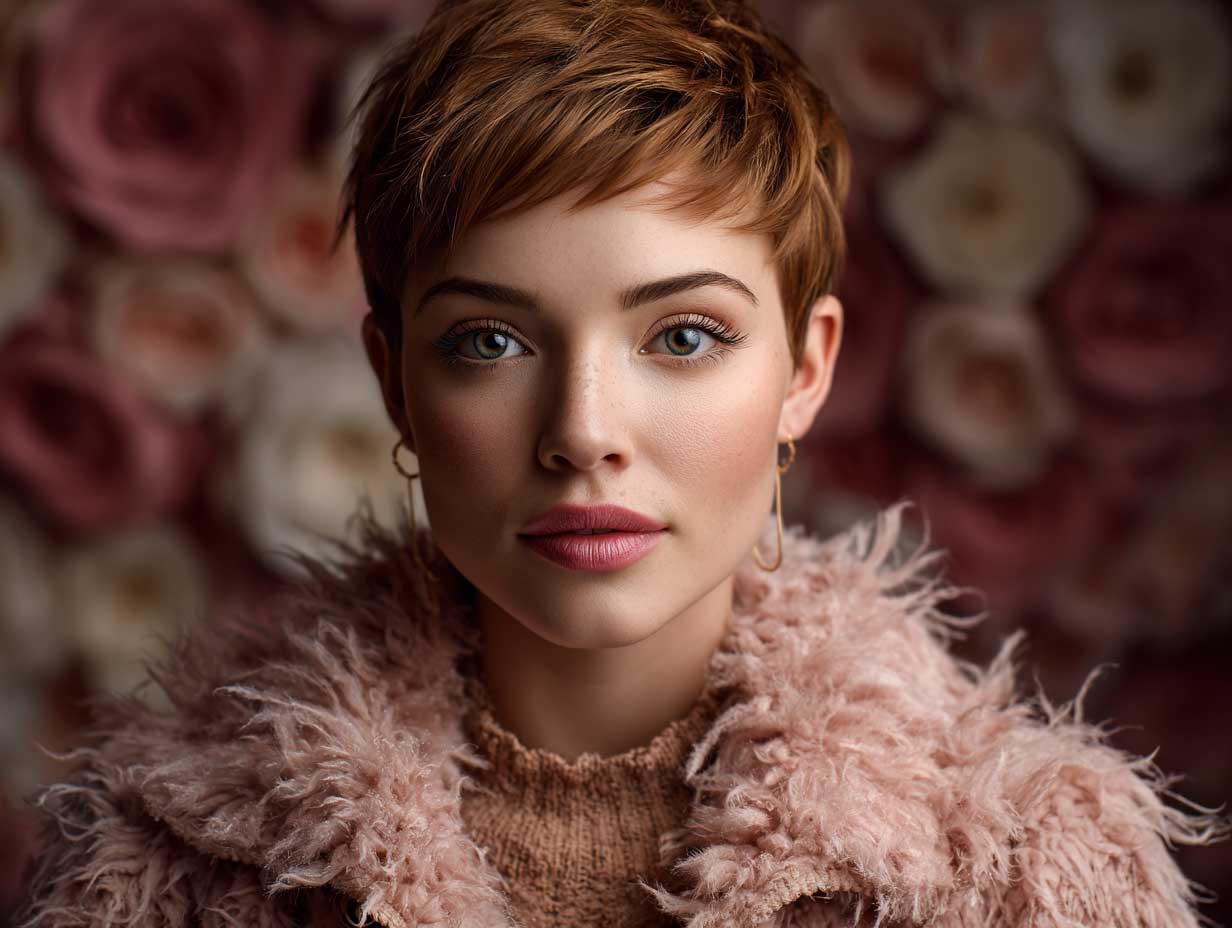 soft portrait of a woman with rose gold feathered pixie cut, delicate facial features, dreamy expression, romantic outfit, warm ambient lighting, floral background