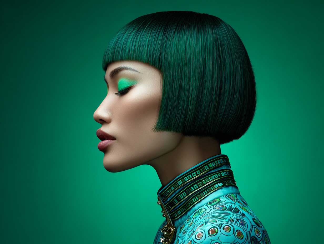 side profile of a woman with emerald green very short hair, razor-sharp straight bangs, futuristic makeup, fashion-forward outfit, neon lighting background