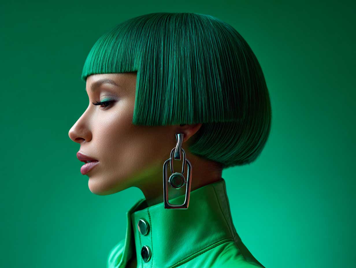 side profile of a woman with emerald green very short hair, razor-sharp straight bangs, futuristic makeup, fashion-forward outfit, neon lighting background