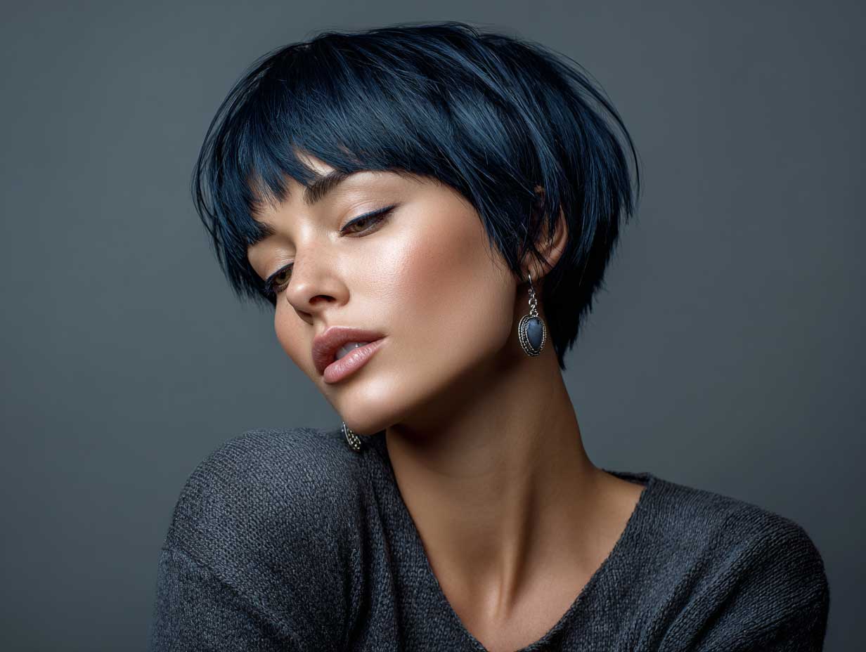 angled view of a woman with midnight blue structured short haircut, clean straight-edged cut, contemporary wardrobe, moody grey background