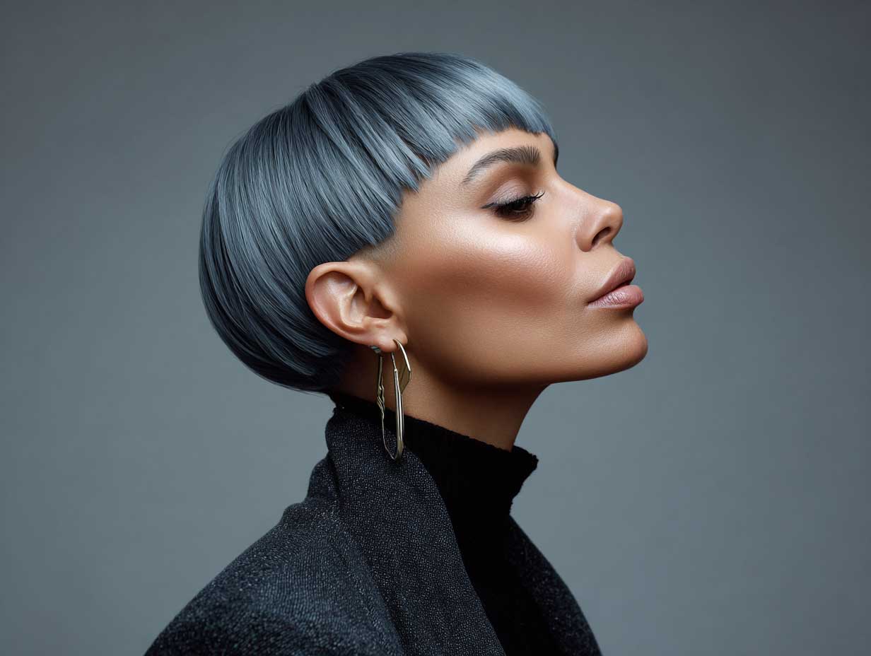angled view of a woman with midnight blue structured short haircut, clean straight-edged cut, contemporary wardrobe, moody grey background