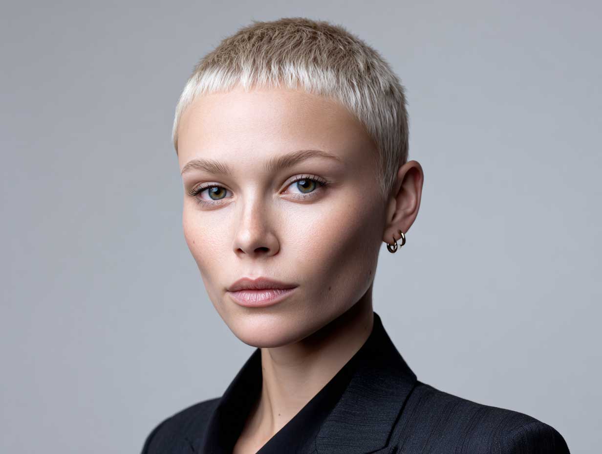front view of a woman with a very short honey blonde haircut, sharp straight lines, symmetrical edges, minimalist makeup, tailored outfit, pale beige background