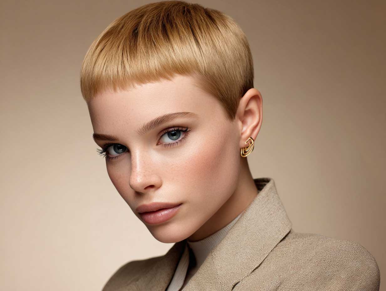 front view of a woman with a very short honey blonde haircut, sharp straight lines, symmetrical edges, minimalist makeup, tailored outfit, pale beige background