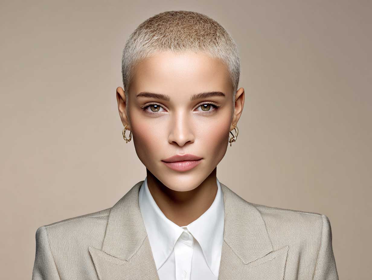 front view of a woman with a very short honey blonde haircut, sharp straight lines, symmetrical edges, minimalist makeup, tailored outfit, pale beige background