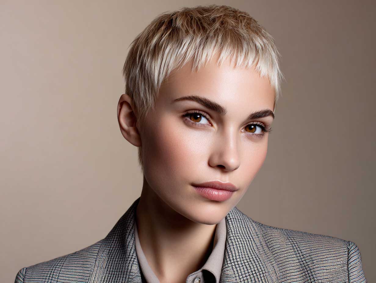 front view of a woman with a very short honey blonde haircut, sharp straight lines, symmetrical edges, minimalist makeup, tailored outfit, pale beige background