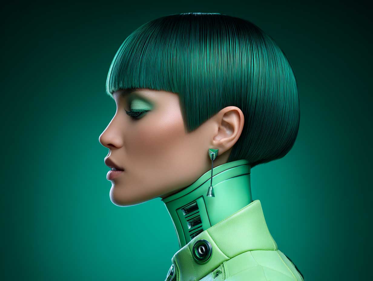 side profile of a woman with emerald green very short hair, razor-sharp straight bangs, futuristic makeup, fashion-forward outfit, neon lighting background