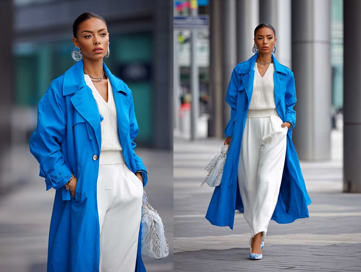 full length supermodel in a bright electric blue trench coat layered over a white two-piece knit set, walking through a modern city street, natural light, minimalist styling, high fashion vibe