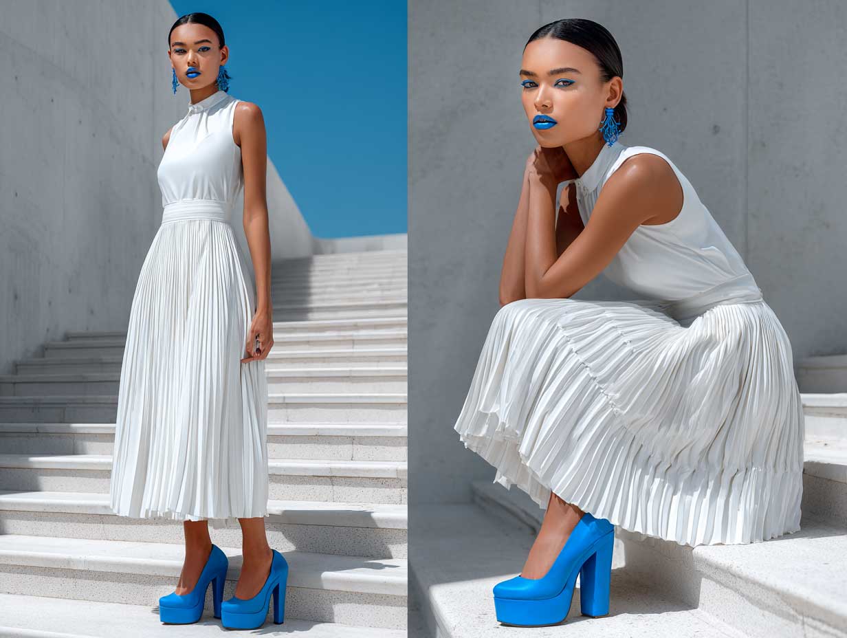 full length supermodel in a white pleated midi skirt and white sleeveless top paired with bright electric blue platform sandals, outdoor summer setting, natural sunlight, high fashion aesthetic