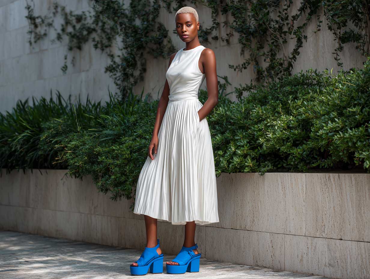 full length supermodel in a white pleated midi skirt and white sleeveless top paired with bright electric blue platform sandals, outdoor summer setting, natural sunlight, high fashion aesthetic