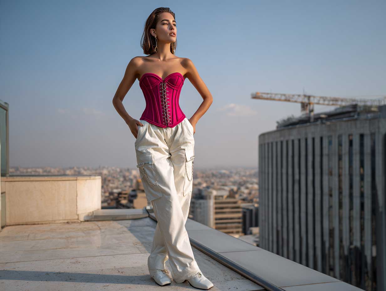 full length supermodel wearing white tailored cargo pants and a structured bright fuchsia corset top, rooftop fashion shoot, golden hour lighting, bold styling, magazine editorial quality