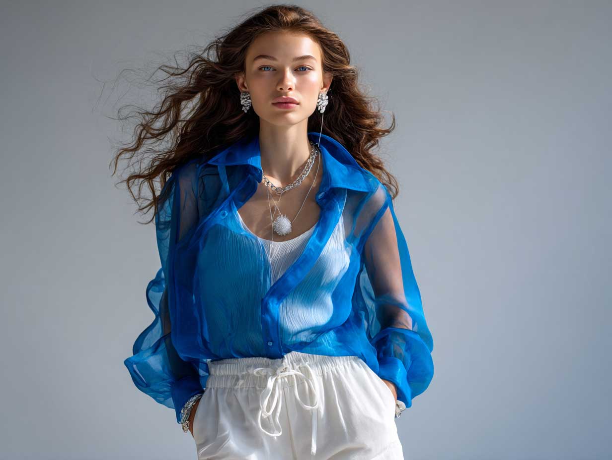 full length supermodel in electric blue sheer blouse over a white bralette and tailored white shorts, contemporary summer setting, soft breeze, high fashion look, full body pose