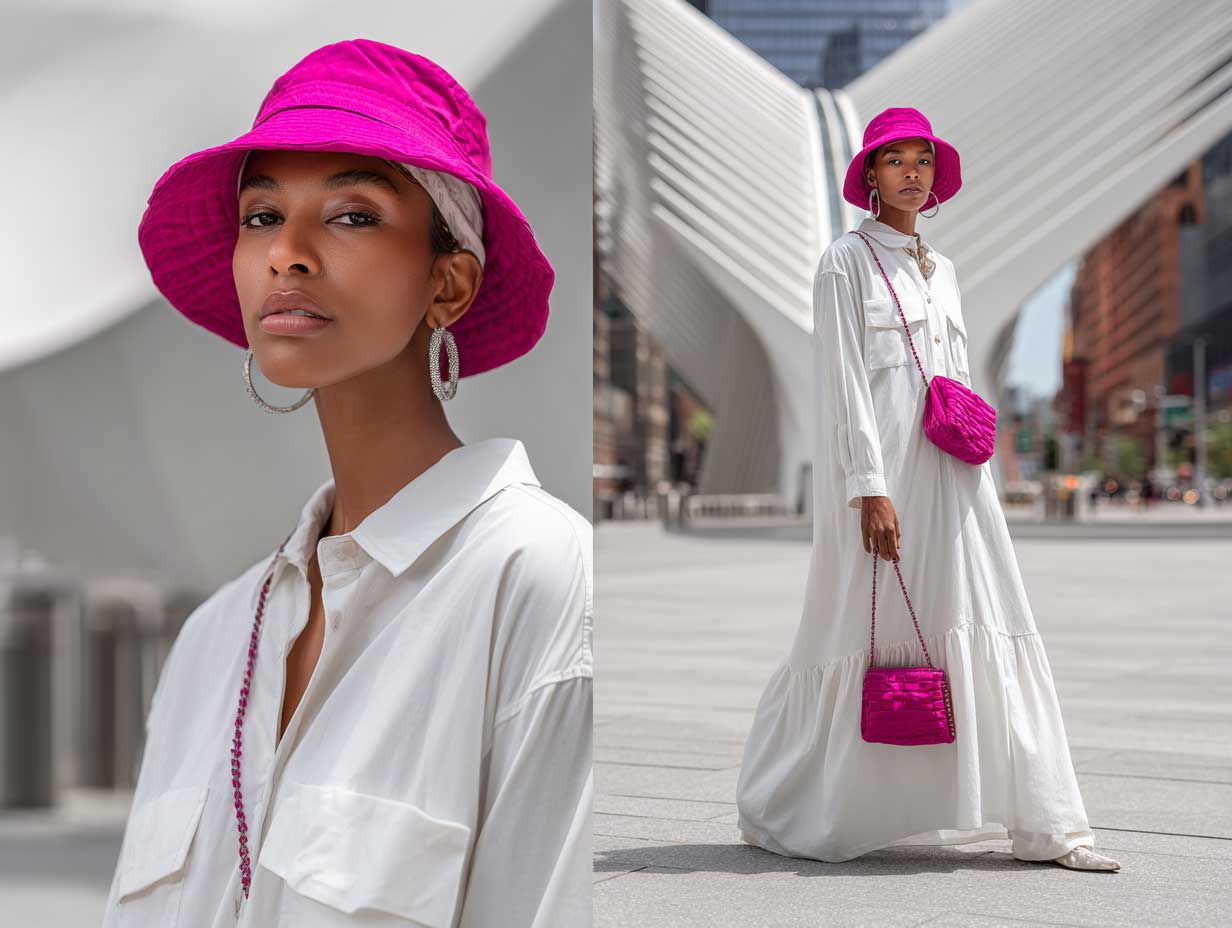 full length supermodel in a layered oversized white shirtdress with a bright fuchsia bucket hat, crossbody bag, summer streetwear style, vibrant city backdrop, high fashion street vibe