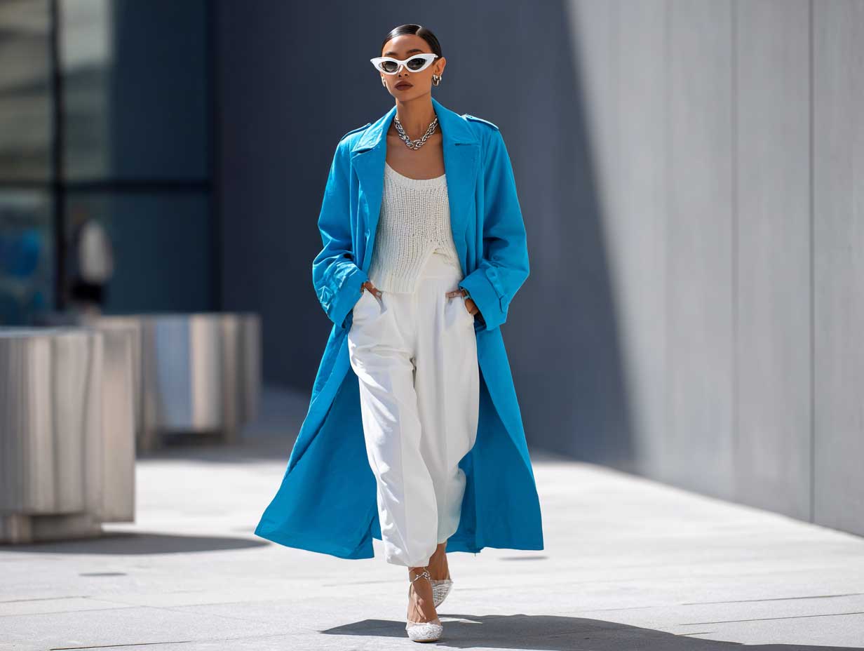 full length supermodel in a bright electric blue trench coat layered over a white two-piece knit set, walking through a modern city street, natural light, minimalist styling, high fashion vibe