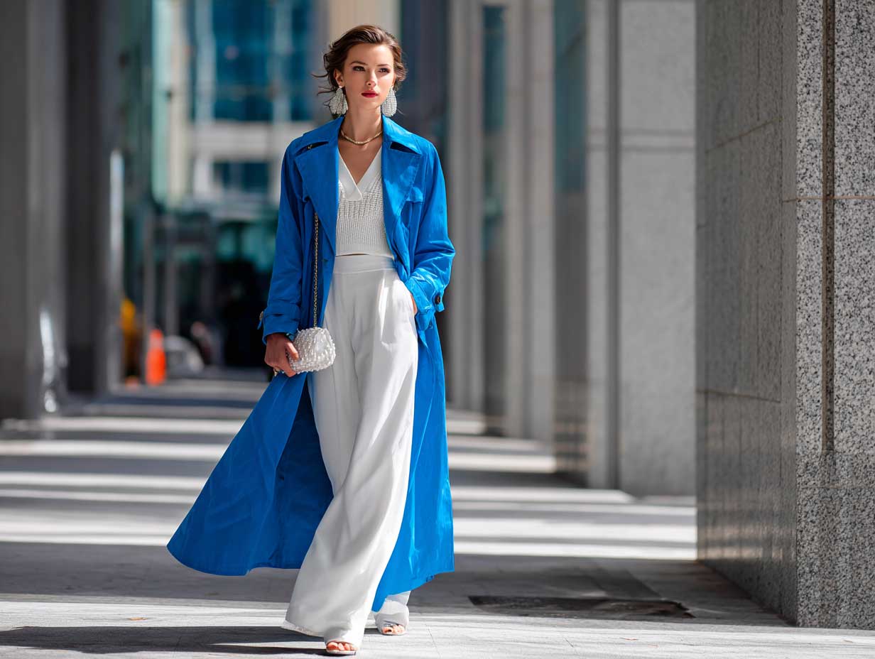 full length supermodel in a bright electric blue trench coat layered over a white two-piece knit set, walking through a modern city street, natural light, minimalist styling, high fashion vibe