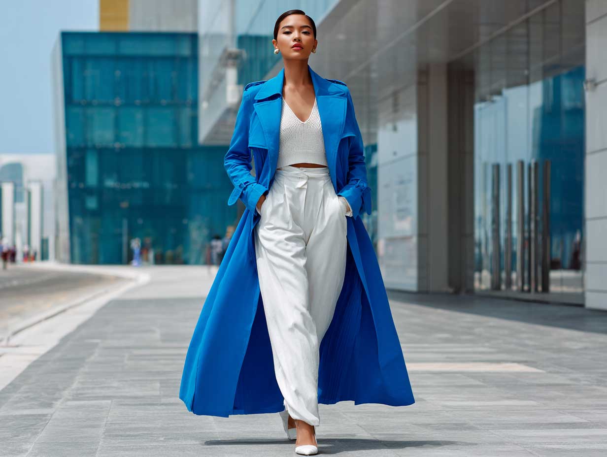 full length supermodel in a bright electric blue trench coat layered over a white two-piece knit set, walking through a modern city street, natural light, minimalist styling, high fashion vibe