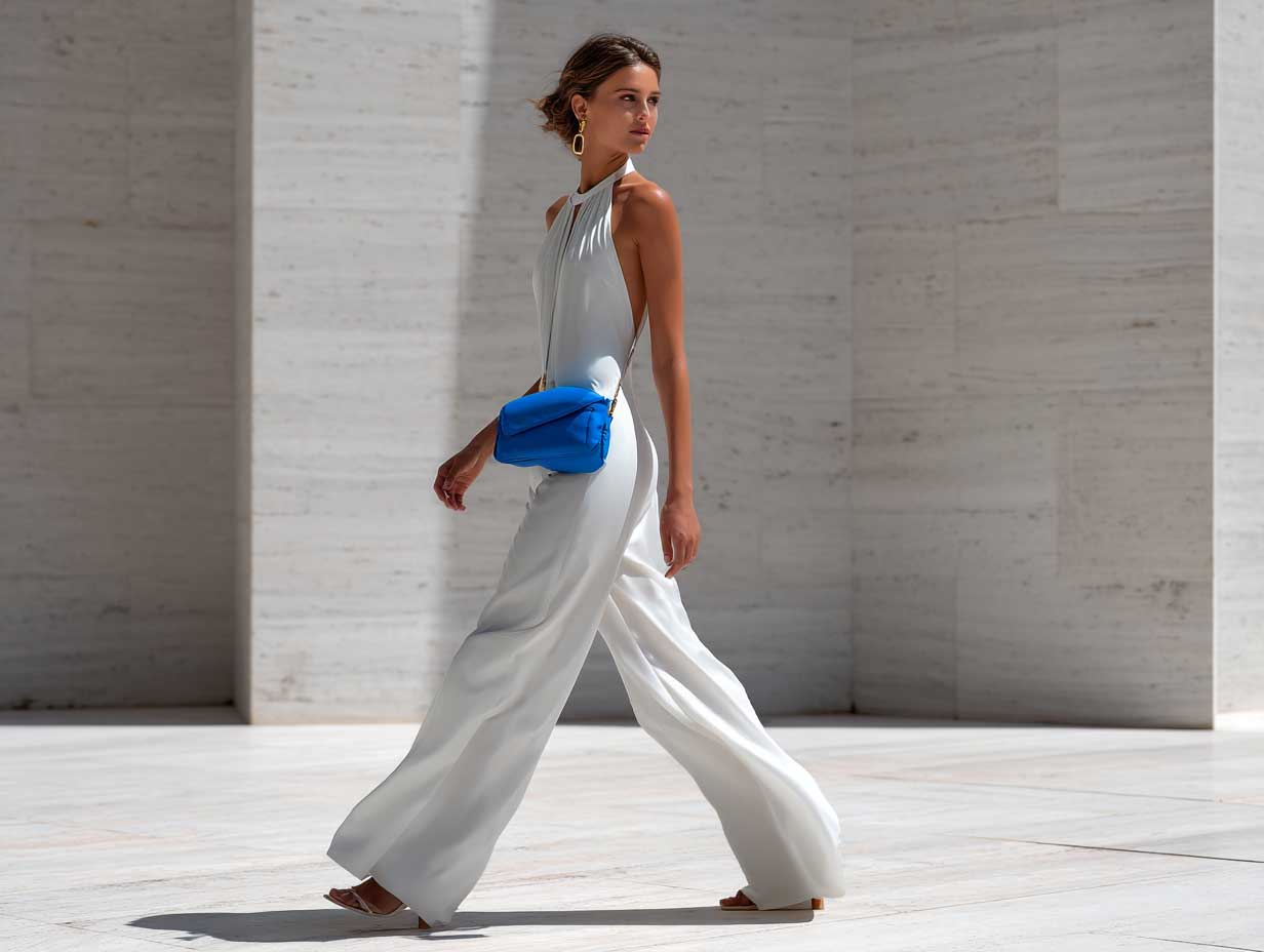 full length supermodel in a white halter-neck jumpsuit with an electric blue crossbody bag, walking through a clean architectural backdrop, minimal styling, modern editorial street fashion