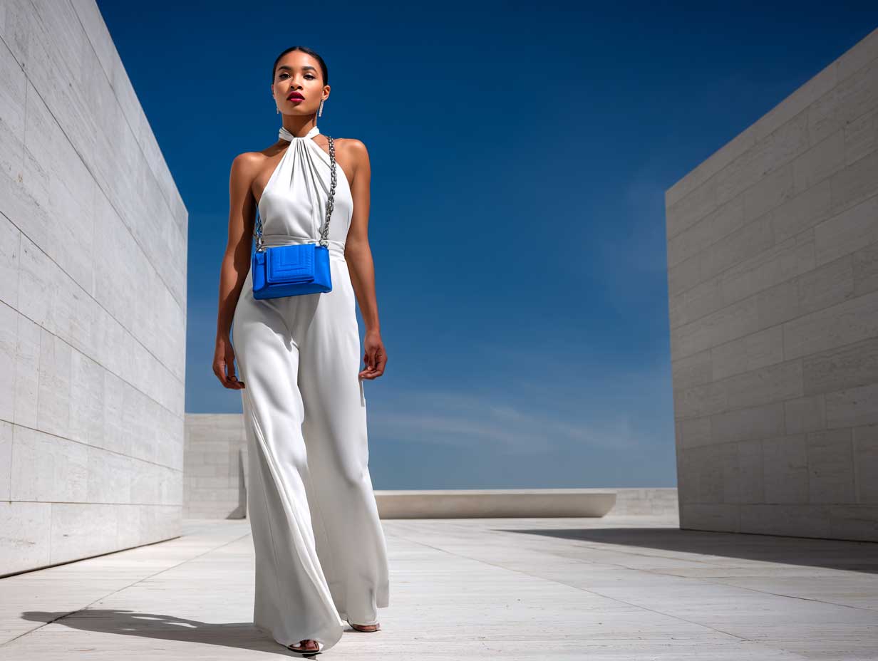 full length supermodel in a white halter-neck jumpsuit with an electric blue crossbody bag, walking through a clean architectural backdrop, minimal styling, modern editorial street fashion