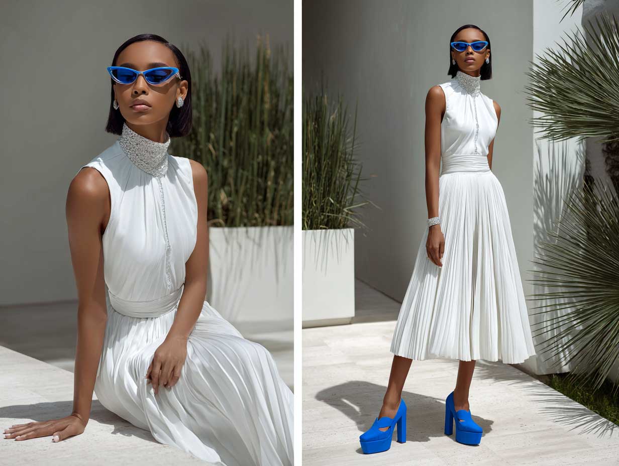 full length supermodel in a white pleated midi skirt and white sleeveless top paired with bright electric blue platform sandals, outdoor summer setting, natural sunlight, high fashion aesthetic