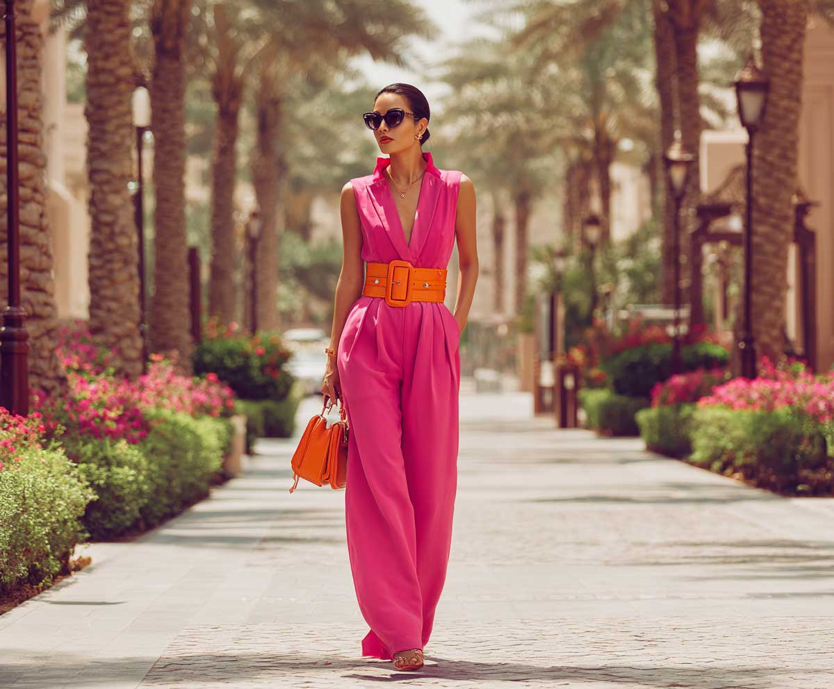 elegant woman in a hot pink jumpsuit with a bright tangerine belt, palm-lined boulevard, summer chic atmosphere, bold fashion colors, graceful full-body shot, high-resolution fashion editorial