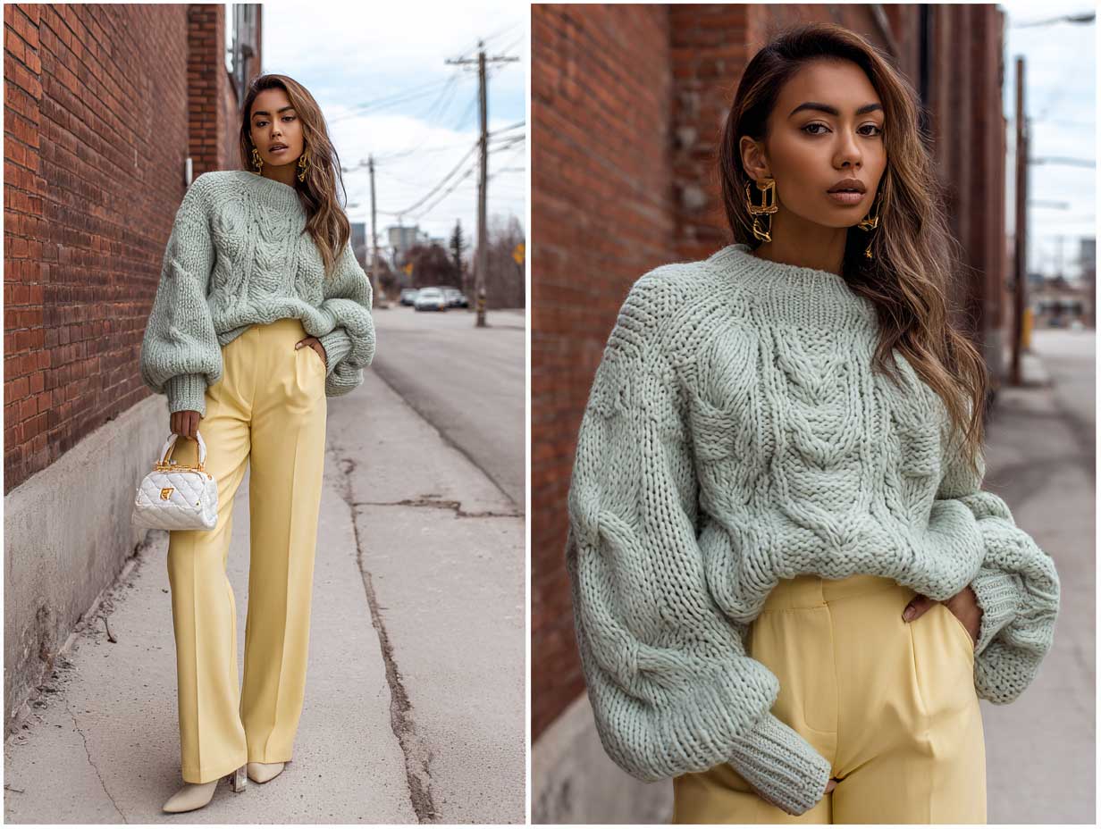 full-length fashion model wearing yellow wide leg trousers and oversized mint green chunky knit sweater, walking through a city park in autumn, relaxed pose, cozy fashion aesthetic, warm sunlight, natural shadows, high fashion styling, pastel palette