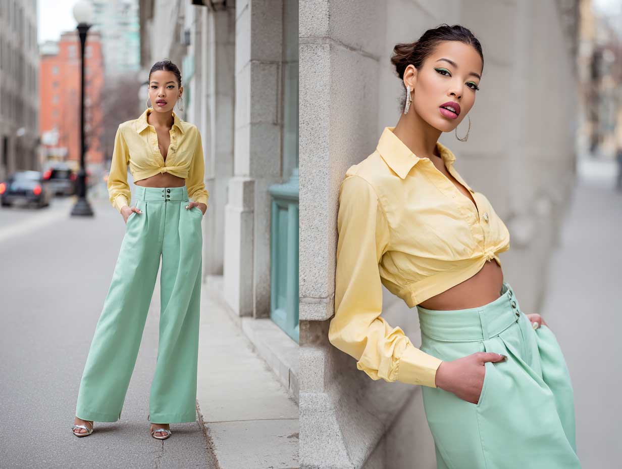 full-length fashion model wearing mint green high waist wide leg pants and a yellow cropped blouse, pastel spring outfit, photographed on a city street with soft natural light, relaxed confident pose, fashion week vibe