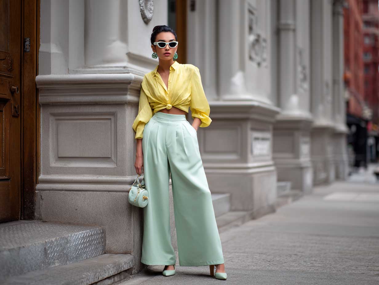 full-length fashion model wearing mint green high waist wide leg pants and a yellow cropped blouse, pastel spring outfit, photographed on a city street with soft natural light, relaxed confident pose, fashion week vibe