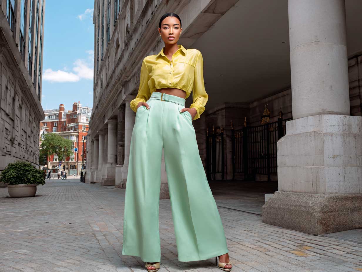 full-length fashion model wearing mint green high waist wide leg pants and a yellow cropped blouse, pastel spring outfit, photographed on a city street with soft natural light, relaxed confident pose, fashion week vibe